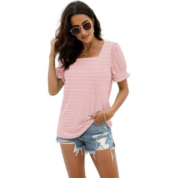 Womens Summer Square Neck T Shirt Ruffle Sleeve Casual Tops Cute Flattering Tee - Picture 3 of 5